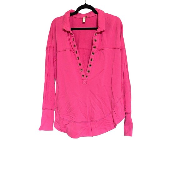 Pilcro Anthropologie Hot Pink Grommet V Neck Pullover L Preppy Eyelet Slouchy - Picture 1 of 8